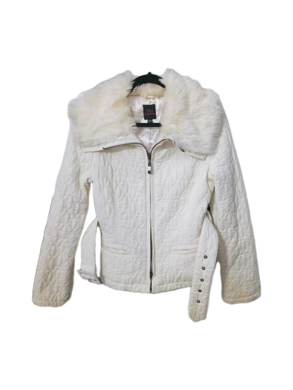 2b bebe White Quilted Jacket w/ Faux Fur Collar Buckle Belt Lined Women's Size M